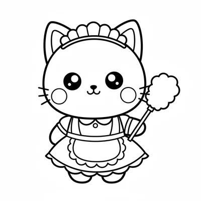 A chibi cat in a tiny maid outfit, an oversized round head with two triangle coloring page