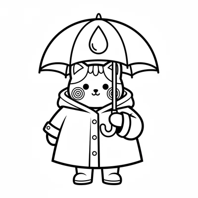 A chibi cat in a tiny raincoat holding a round umbrella while a single large coloring page