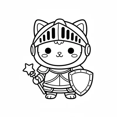A chibi cat knight in tiny oversized plate armor, the helmet too large covering coloring page