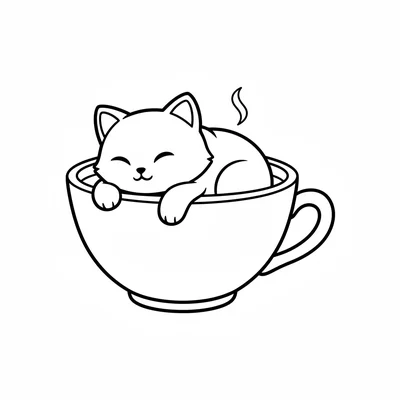 A chibi cat sleeping inside a large teacup, its round body curled into the cup coloring page