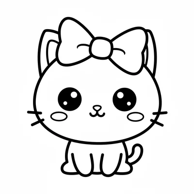 A chibi cat with a big bow on its head, its round face three times larger than coloring page