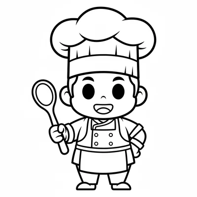 A chibi chef character wearing a tall puffy chef's hat, apron, and holding coloring page