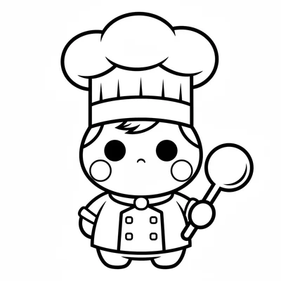 A chibi chef with a tall white chef hat nearly twice the height of its coloring page