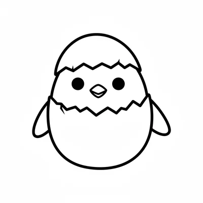 A chibi chick character freshly hatched, half eggshell still on its head like coloring page