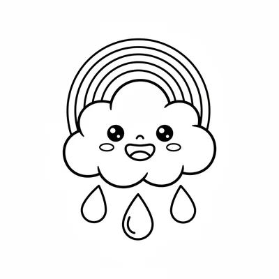 A chibi cloud character shaped like a fluffy cloud body, simple rain drops coloring page