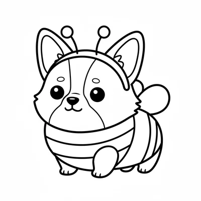 A chibi corgi in a tiny bee costume, its oversized round head with a bee coloring page