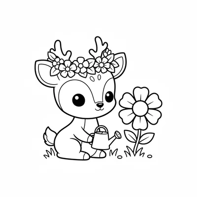 A chibi deer character with a wreath of flowers around its antler stubs coloring page