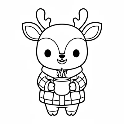 A chibi deer character with simple antler bumps, wearing a cozy plaid jacket coloring page