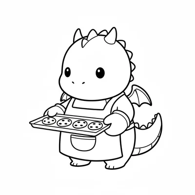 A chibi dragon baker in a tiny apron with oven mitts on, its round dragon head coloring page