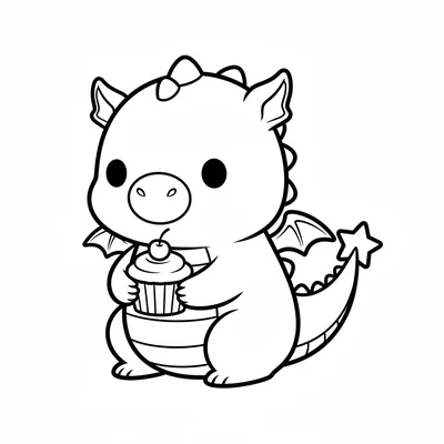 A chibi dragon character with tiny wings, a round snout, and a simple star coloring page