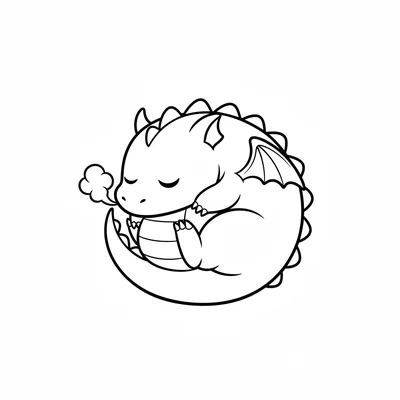 A chibi dragon curled in a ball shape, its round body folded into itself coloring page