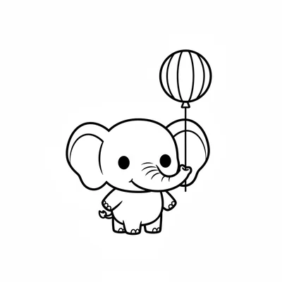 A chibi elephant character with a curled trunk holding a tiny balloon, big coloring page