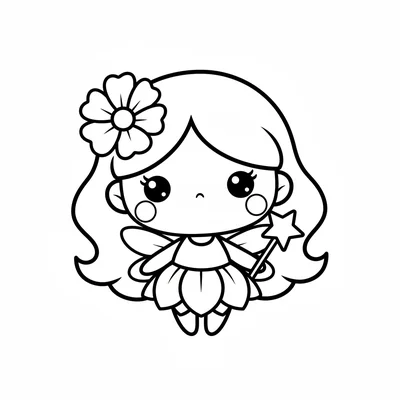 A chibi fairy with tiny gossamer wings far too small for its oversized round coloring page