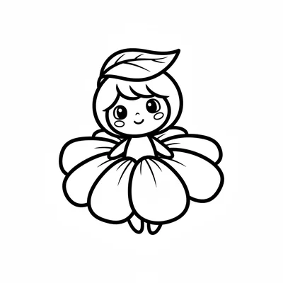 A chibi flower fairy character formed from a large flower blossom, petals coloring page