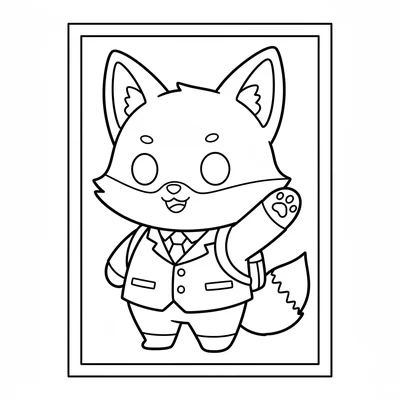 A chibi fox character in a school uniform with a small backpack, raising one coloring page