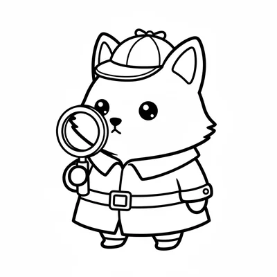 A chibi fox detective with a tiny deerstalker hat on its round fox head coloring page