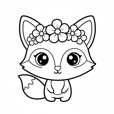 A chibi fox kit in a flower crown, its large round head with two triangle ears coloring page