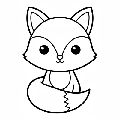 A chibi fox sitting with its fluffy tail wrapped around its tiny feet, its coloring page
