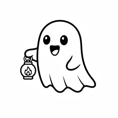 A chibi ghost character with simple sheet-like form, holding a small glowing coloring page