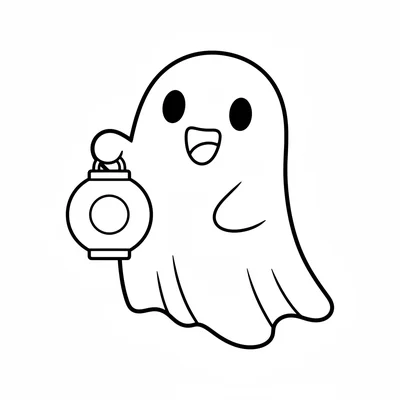 A chibi ghost holding a round lantern, its simple round head with dot eyes coloring page