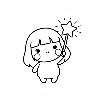 A chibi girl holding a glowing star wand above her head, her enormous round coloring page