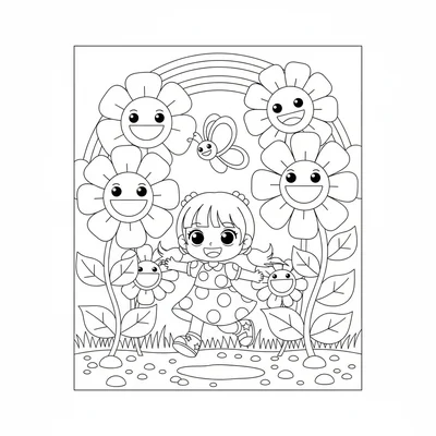 A chibi girl skipping through a kawaii garden filled with giant flowers that coloring page