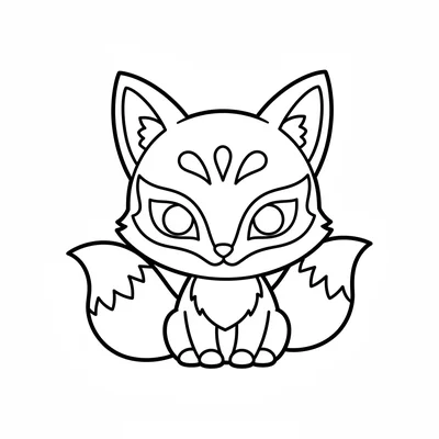 A chibi kitsune with two large fluffy fox tails fanning out behind its tiny coloring page