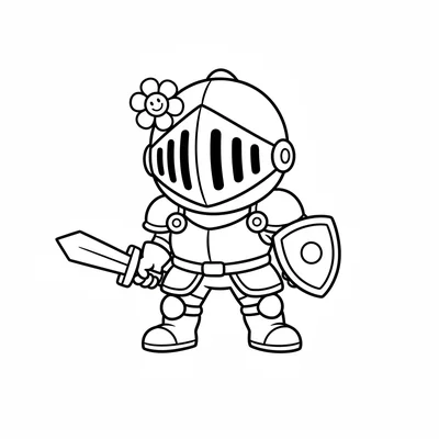 A chibi knight character in simple round armor with a tiny shield and a blunted coloring page