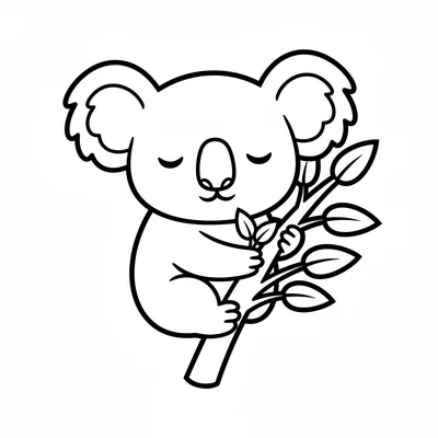 A chibi koala character clinging to a eucalyptus branch with big round ears coloring page