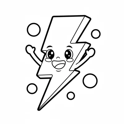 A chibi lightning bolt character with a jagged bolt body shape, two small arms coloring page