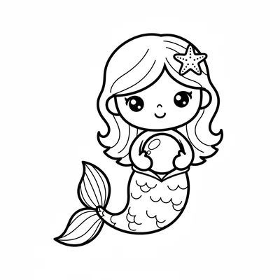 A chibi mermaid character with a simple fish tail fin curled to one side coloring page