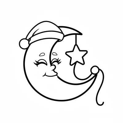 A chibi moon crescent character in a nightcap, holding a star on a string like coloring page