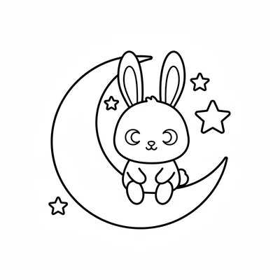 A chibi moon rabbit sitting on a large crescent moon that cradles its round coloring page