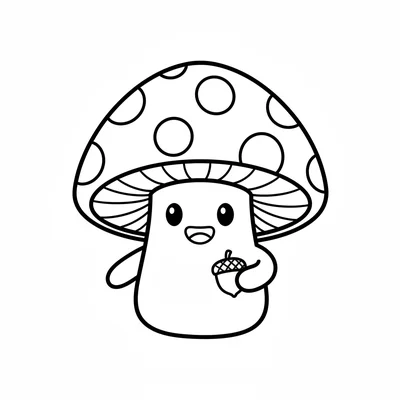 A chibi mushroom character shaped like a round polka-dot cap on a short stem coloring page