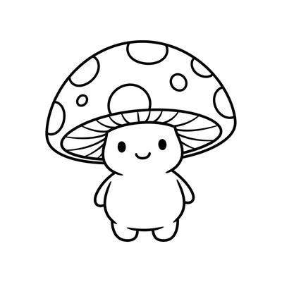 A chibi mushroom creature with a big round red mushroom cap covered in white coloring page