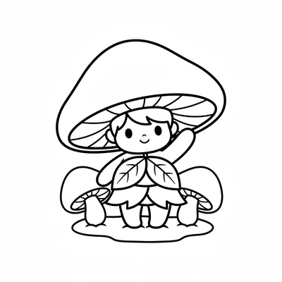 A chibi mushroom fairy character, the cap of a mushroom serving as a large hat coloring page