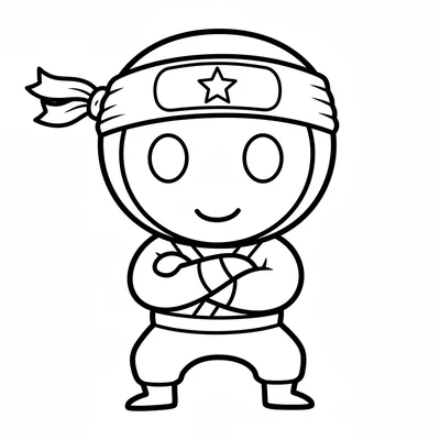 A chibi ninja character in simple black outfit, headband with a star, arms coloring page
