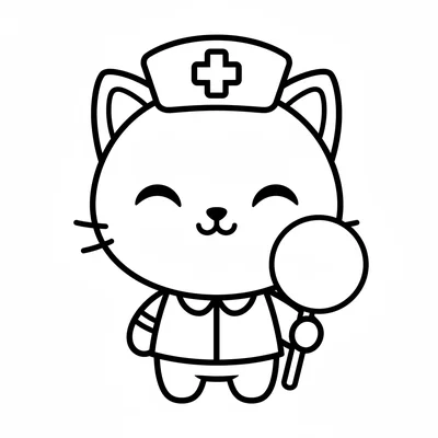 A chibi nurse cat with a medical cross cap on its round head, a tiny uniform coloring page