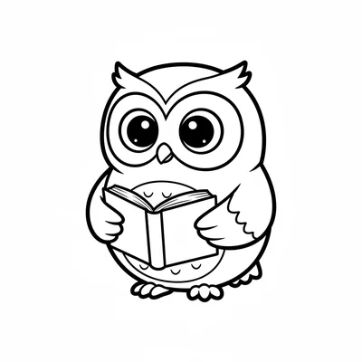 A chibi owl character with wide circular eyes and a tiny beak, holding a small coloring page