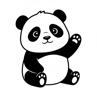 A chibi panda sitting and waving one stubby paw upward in greeting, its coloring page