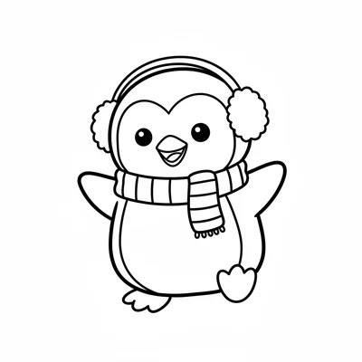 A chibi penguin character in a tiny scarf and earmuffs, waddling pose coloring page