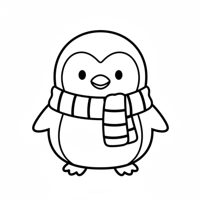 A chibi penguin in a tiny knit scarf, its round body and round head nearly coloring page
