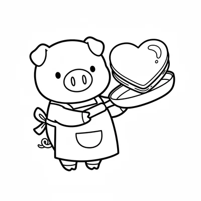 A chibi pig in a chef apron holding a big heart-shaped pancake on a pan, its coloring page