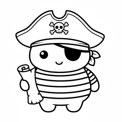 A chibi pirate character in a striped shirt and tricorn hat with a small coloring page