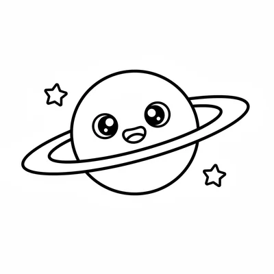 A chibi planet character for Saturn, with simple round planet body and a flat coloring page