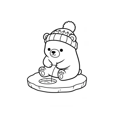 A chibi polar bear character on a small ice floe, wearing a knit hat coloring page