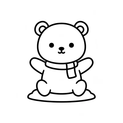 A chibi polar bear in a tiny pink scarf sitting in a small snowdrift, its round coloring page