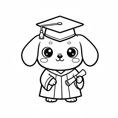 A chibi puppy in a tiny graduation gown holding a miniature diploma, its coloring page