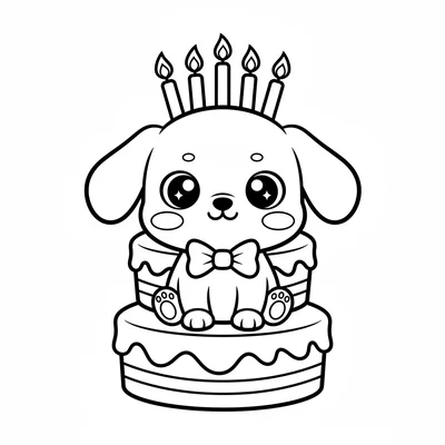 A chibi puppy with a bow tie sitting on a birthday cake tier, its oversized coloring page
