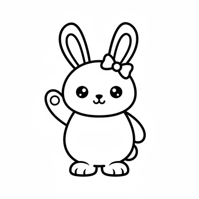 A chibi rabbit character waving hello with one hand raised, floppy ears coloring page